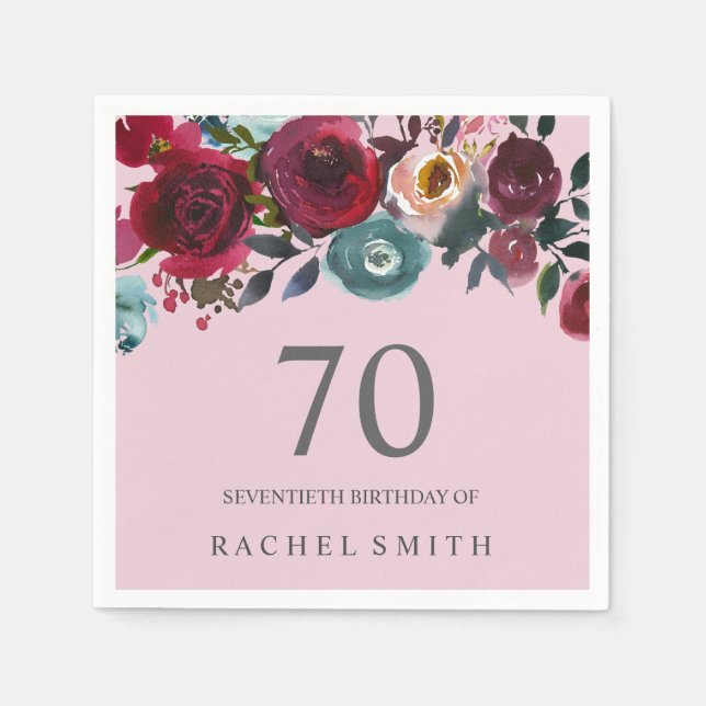 Beautiful Pink Burgundy Floral 70th birthday Party Paper Napkins (Front)