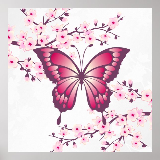 Beautiful Pink Butterfly And Cherry Blossoms Poster (Front)