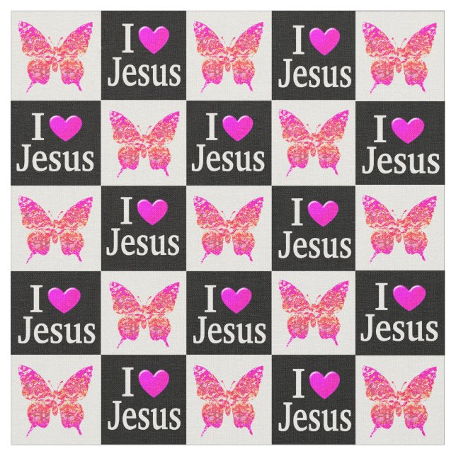 BEAUTIFUL PINK BUTTERFLY I LOVE JESUS FABRIC (Close Up)