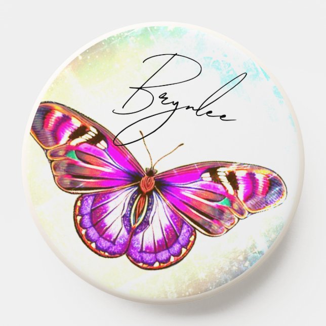 Beautiful Pink Butterfly Illustration Custom Name  PopSocket (Popsocket)