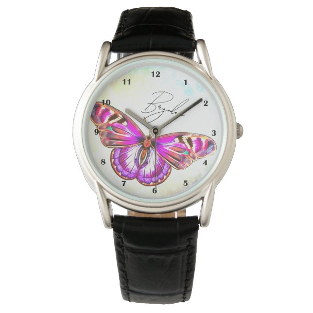 Beautiful Pink Butterfly Illustration Custom Name  Watch (Front)