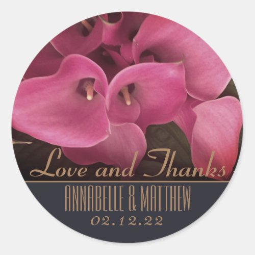 Beautiful Pink Callas  Gray Background Gold Font Classic Round Sticker