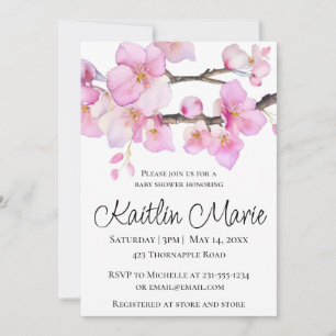 Beautiful pink cherry blossoms calligraphy script invitation