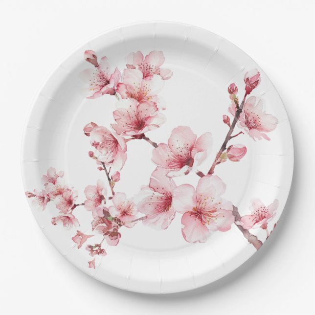 Beautiful Pink Cherry Tree Blossoms Paper Plates (Front)