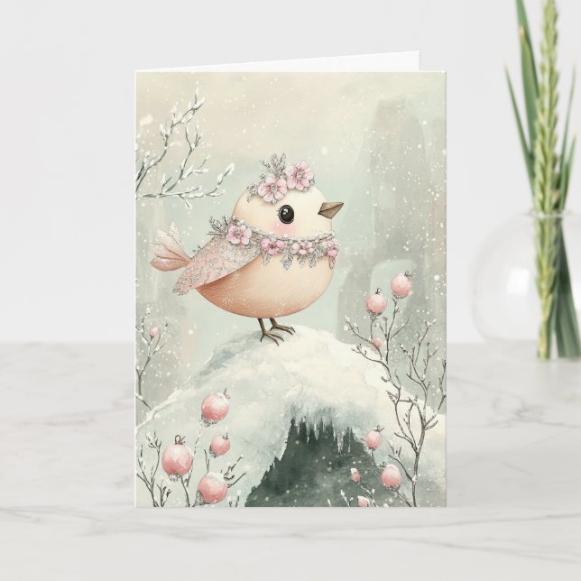 Beautiful Pink Christmas Bird Blank  Thank You Card (Front)