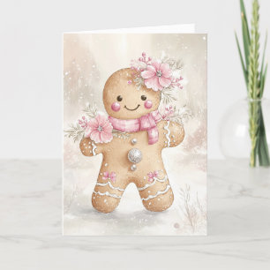 Beautiful Pink Christmas Gingerbread Cookie Blank Letterpress Thank You Card