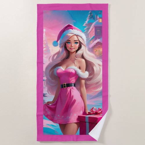 Beautiful Pink Christmas Girl 01 Beach Towel