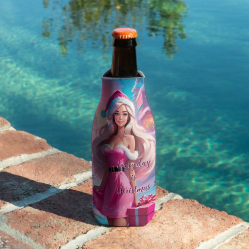 Beautiful Pink Christmas Girl 01 Bottle Cooler