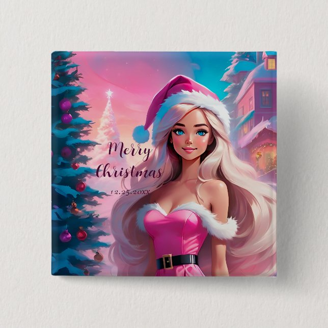 Beautiful Pink Christmas Girl 01 Button (Front)