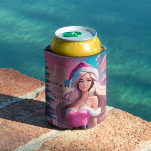 Beautiful Pink Christmas Girl 01 Can Cooler