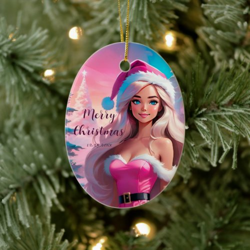 Beautiful Pink Christmas Girl 01 Ceramic Ornament