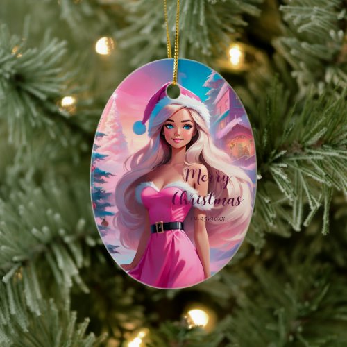 Beautiful Pink Christmas Girl 01 Ceramic Ornament