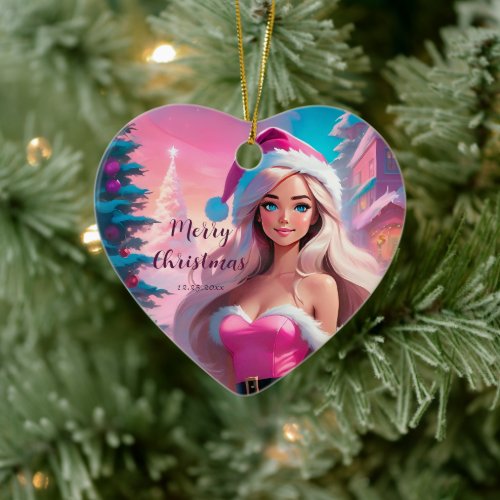 Beautiful Pink Christmas Girl 01 Ceramic Ornament