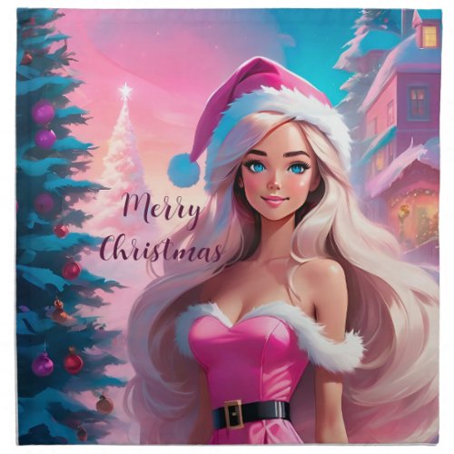 Beautiful Pink Christmas Girl 01 Cloth Napkin