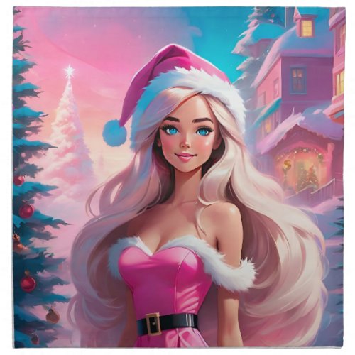 Beautiful Pink Christmas Girl 01 Cloth Napkin