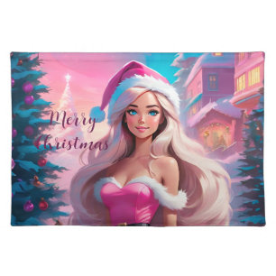 Beautiful Pink Christmas Girl 01 Cloth Placemat