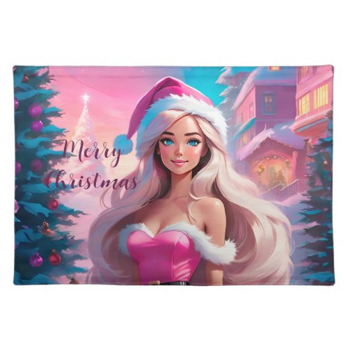 Beautiful Pink Christmas Girl 01 Cloth Placemat