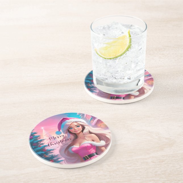 Beautiful Pink Christmas Girl 01 Coaster (Side)