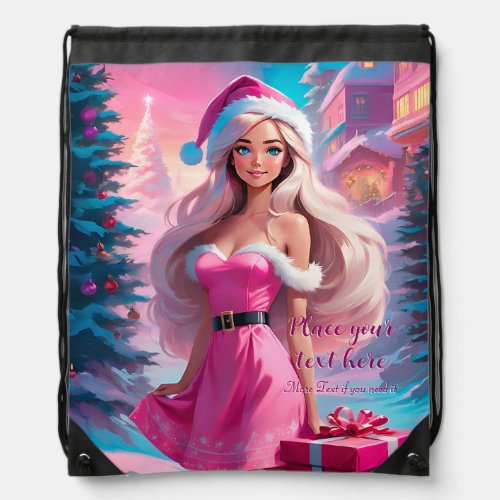 Beautiful Pink Christmas Girl 01 Drawstring Bag