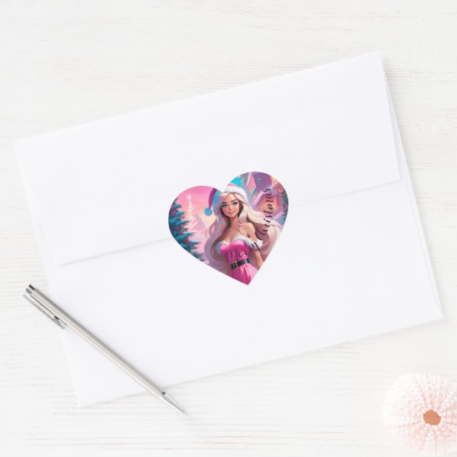 Beautiful Pink Christmas Girl 01 Heart Sticker (Envelope)