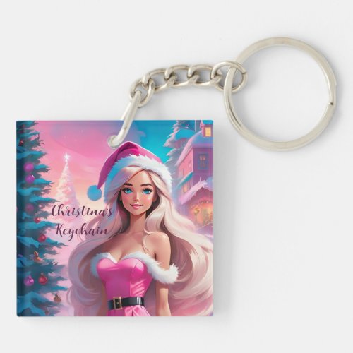 Beautiful Pink Christmas Girl 01 Keychain