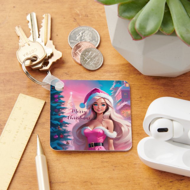 Beautiful Pink Christmas Girl 01 Keychain (Desk)