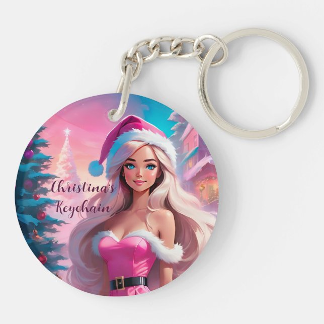 Beautiful Pink Christmas Girl 01 Keychain (Back)