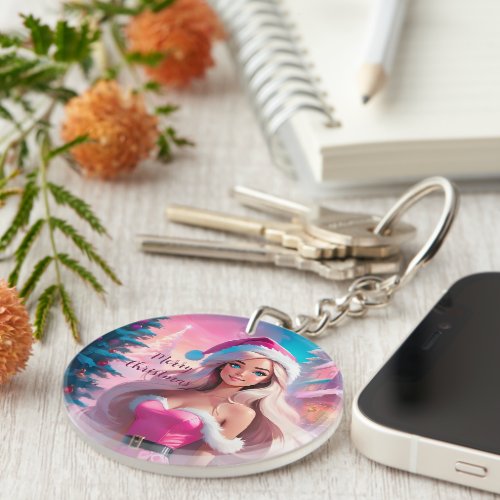 Beautiful Pink Christmas Girl 01 Keychain