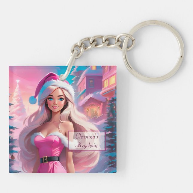 Beautiful Pink Christmas Girl 01 Keychain (Back)