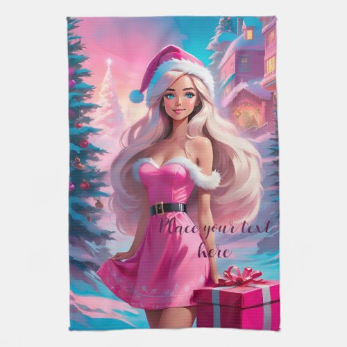 Beautiful Pink Christmas Girl 01 Kitchen Towel