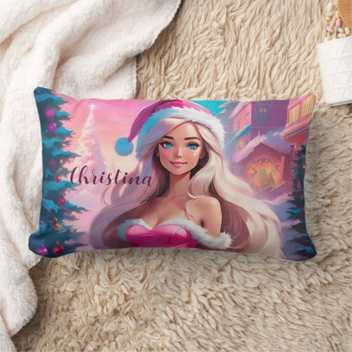 Beautiful Pink Christmas Girl 01 Lumbar Pillow