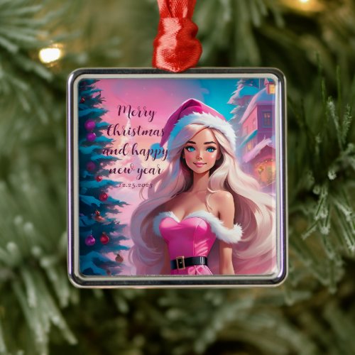 Beautiful Pink Christmas Girl 01 Metal Ornament