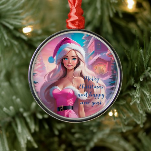 Beautiful Pink Christmas Girl 01 Metal Ornament