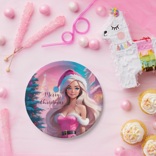 Beautiful Pink Christmas Girl 01 Paper Plates (Party)