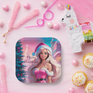 Beautiful Pink Christmas Girl 01 Paper Plates