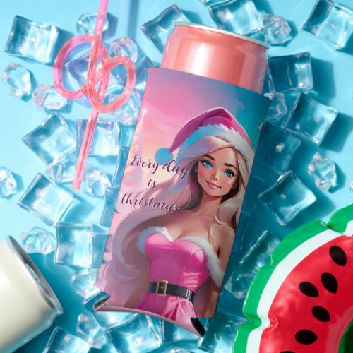 Beautiful Pink Christmas Girl 01 Seltzer Can Cooler