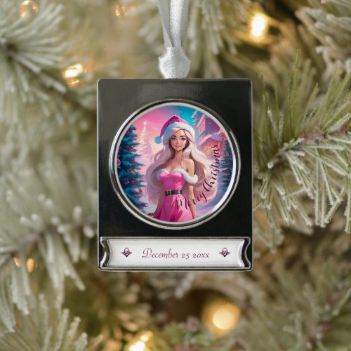 Beautiful Pink Christmas Girl 01 Silver Plated Banner Ornament