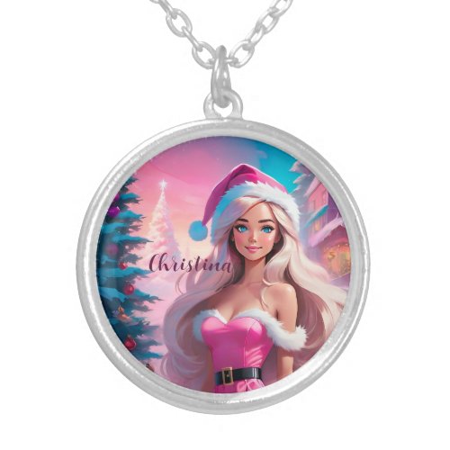 Beautiful Pink Christmas Girl 01 Silver Plated Necklace