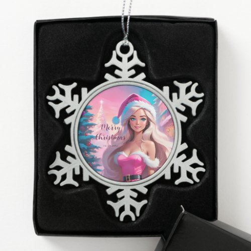 Beautiful Pink Christmas Girl 01 Snowflake Pewter Christmas Ornament