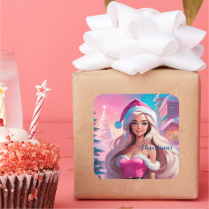Beautiful Pink Christmas Girl 01 Square Sticker