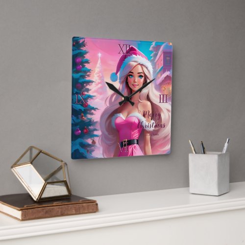 Beautiful Pink Christmas Girl 01 Square Wall Clock