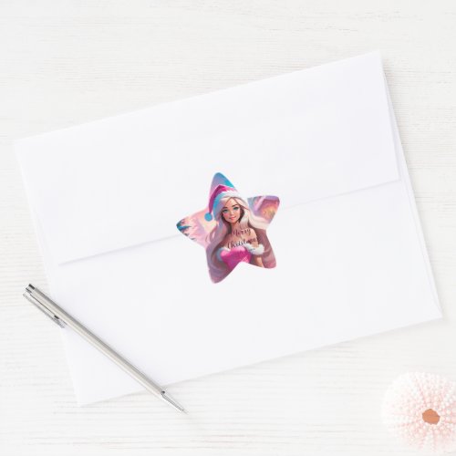 Beautiful Pink Christmas Girl 01 Star Sticker