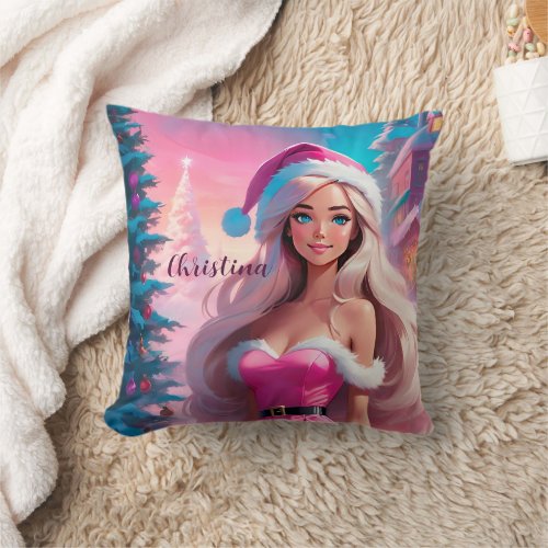 Beautiful Pink Christmas Girl 01 Throw Pillow