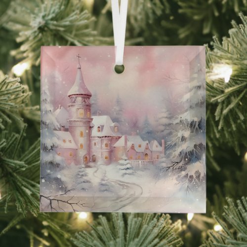 Beautiful Pink Christmas Landscapes  Glass Ornament