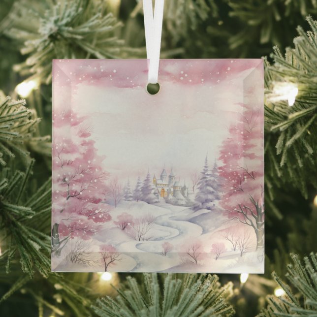 Beautiful Pink Christmas Landscapes  Glass Ornament (Insitu)
