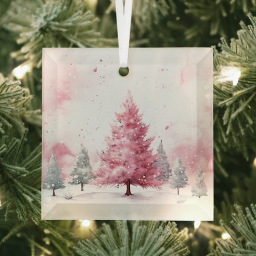Beautiful Pink Christmas Landscapes  Glass Ornament