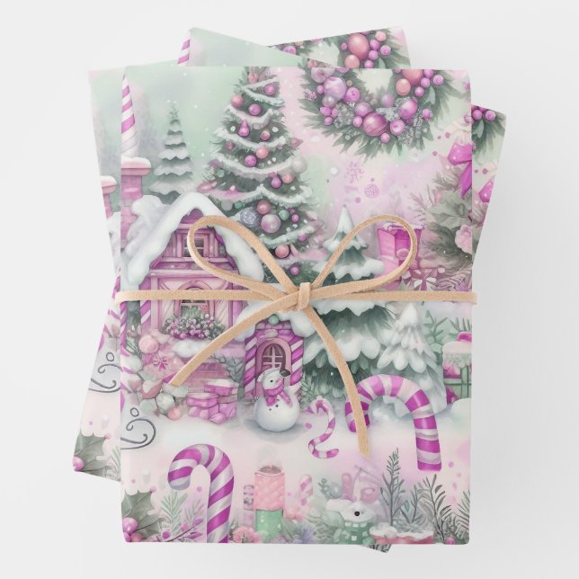 Beautiful Pink Christmas Village Gift  Wrapping Paper Sheets (In situ)