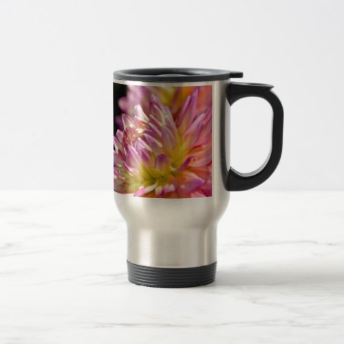 Beautiful pink dahlia flower travel mug