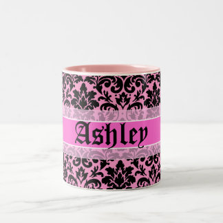 Beautiful pink damask name design Two-Tone coffee mug