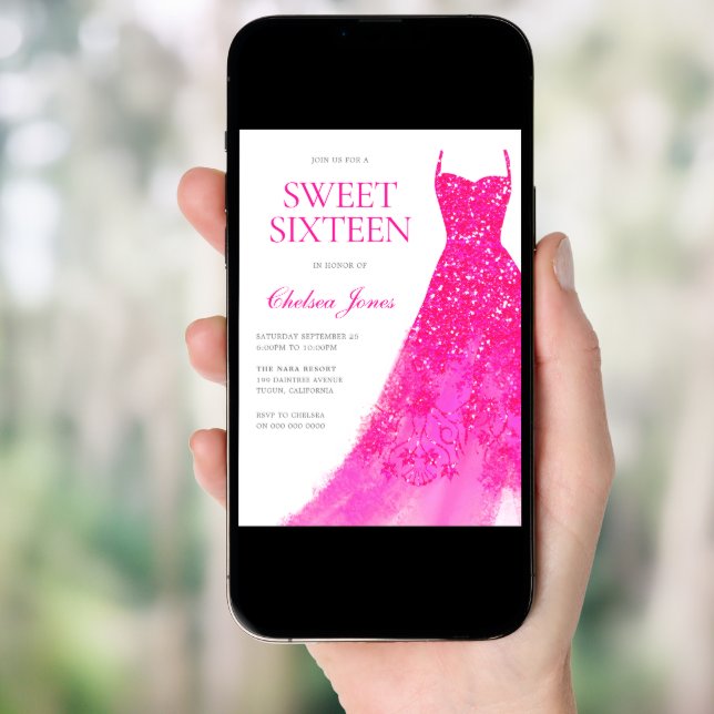 Beautiful Pink Dress Sweet Sixteen 16 Party Invitation (Front Digital)